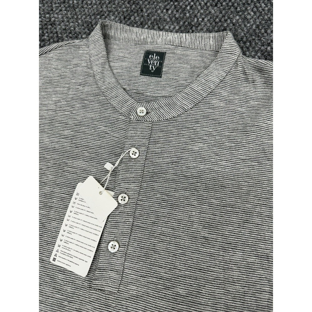 Eleventy Men's Medium Cotton Micro Stripe Henley T-Shirt Collarless Polo Italy